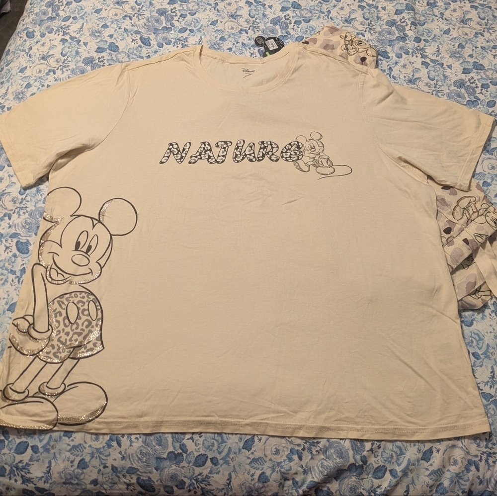 Cream Graphic Pajama Set with Mickey Mouse Design